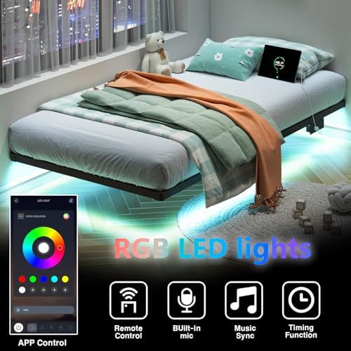 HAVONIZD Floating Bed Frame Twin with LED Lights and Charging Station - 10 inch Platform Bed Frame No Box Spring Needed, Easy Assembly HAVONIZD