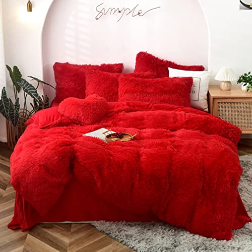 MorroMorn 5 PCS Shaggy Duvet Cover Bedding Set - Long Faux Fur Luxury Ultra Soft (Red, Full/Queen) MorroMorn