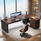 Tribesigns 80'' L-Shaped Desk, Large Executive Office Desk with 55'' Drawers Cabinet, Modern Computer Table with Storage Shelves, Business Furniture for Home Office, Walnut & Black Tribesigns