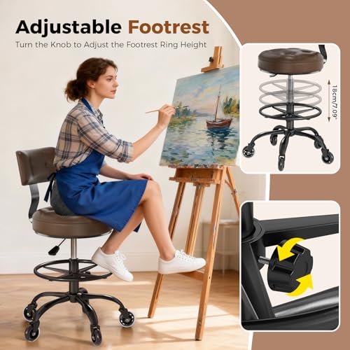 Office Drafting Chair with Footrest, Tall Height Adjustable Stool with Back Support, Heavy Duty Rolling Stool Chair with Wheels for Office Home Kitchen Bar Shop Guitar Studio Medical Vanity(Brown) FREEKYROCK