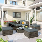 Goohome 5 Pieces Outdoor Patio Sectional Sofa Couch, PE Wicker Furniture Conversation Sets with Adustable Backrest & Washable Cushions & Ottomans & Glass Coffee Table for Garden, Poolside, Backyard Goohome