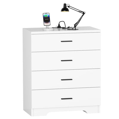 FJTJBSI Dresser with Power Outlets Wooden 4 Drawer Dresser with USB and Type C Port Chest of Drawers for Bedroom Tall White Organizer Storage for Living Room Hallway Closet