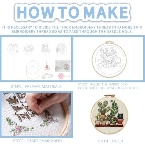 FREEBLOSS 5 Pack Embroidery Kit for Beginners Tropical Potted Plants Stamped Embroidery Starter Kit with Instruction Cross Stitch Needlepoint Kits for Crafts Adults with 2 Hoops 20cm/7.9inch