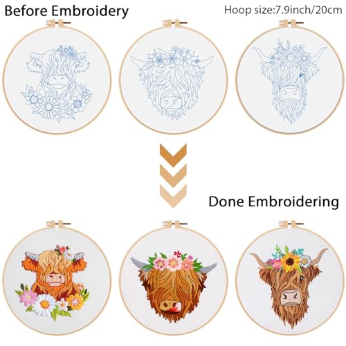 Louise Maelys 3 Sets Highland Cow Embroidery Kits for Beginners,Cross Stitch Kit for Adults,Starters DIY Needlepoint Including Embroidery Hoop Cloth Needles Instruction and Threads