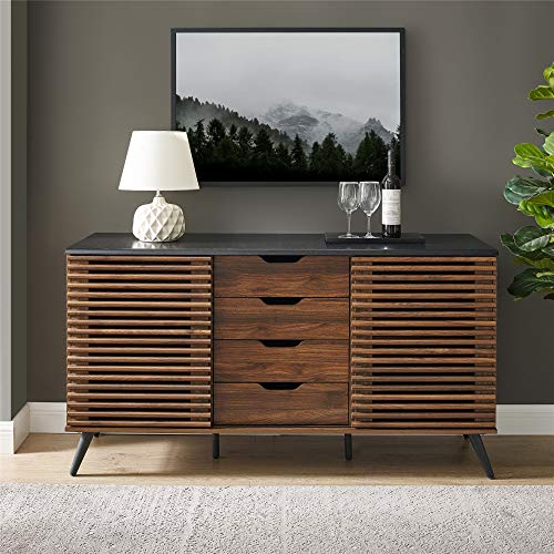Walker Edison Modern 4 Drawer Sliding Door Wood Cabinet Buffet Entryway Serving Storage Cabinet Doors Dining Room Console, 59 Inch, Black and Dark Walnut Walker Edison