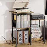 HYPIGO Record Player Stand with Power Outlets, Turntable Stand with Vinyl Record Storage Holds 300+ Albums, Record Player Table with Vinyl Display Holder for Living Room HYPIGO