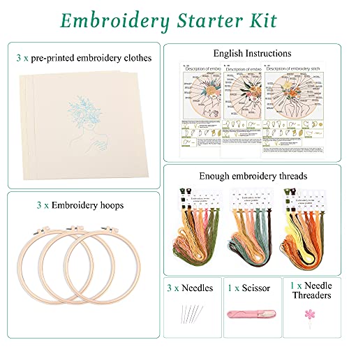 Harimau 3 in Beginner Embroidery Kit,Floral Plant Pattern,Cross Stitch Kits, Including Stamped Embroidery Cloth with 3 Embroidery Hoops, Color Threads and Embroidery Kits