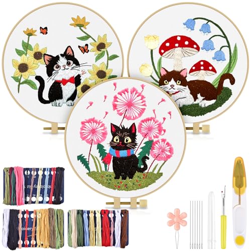 TINDTOP Embroidery Kit for Adults, Cat Embroidery Practice Kit for Beginners Include Embroidery Cloth Hoops Threads for Craft Lover Hand Stitch with Embroidery Skill Techniques