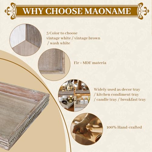 MAONAME Wood Decorative Tray, Farmhouse Wooden Tray for Coffee Table, Rustic Square Tray with Beads, Washed White Serving Tray for Living Room, Kitchen, 12" X 12" X 1.6" MAONAME