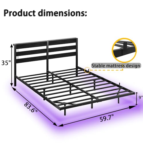 Floating Queen Bed Frame with Headboard and Storage,Metal Platform Bed Frame Queen Size with Charging Port and LED Lights,No Box Spring Needed,Easy Assembly,Noise Free,Heavy Duty Black Bed Frame SOLACECASA