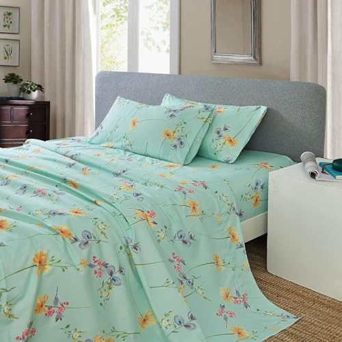 JSD Green Floral Printed Sheet Set Full Size, 4 Piece Soft Botanical Microfiber Sheets Extra Deep Pocket JSD