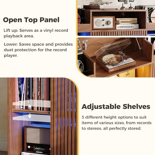 IRONCK Luxury Record Player Stand with Storage, Holds 1500+ Vinyl Records, Large Record Storage Cabinet with Sliding Doors & Charging Station & LED Light, Brown IRONCK