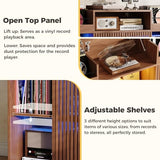 IRONCK Luxury Record Player Stand with Storage, Holds 1500+ Vinyl Records, Large Record Storage Cabinet with Sliding Doors & Charging Station & LED Light, Brown IRONCK