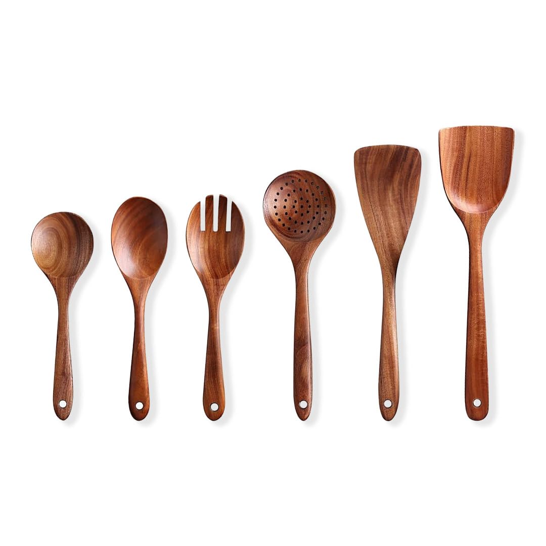 6 Piece Wooden Utensil Set for Cooking – Wooden Kitchen Utensils Set with Wooden Spoons, Spatulas, and Ladle – Non-Toxic Wooden Cooking Utensils, Perfect for Cast Iron & Non-Stick Cookware Shalinindia