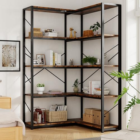 Shintenchi 5 Tier Corner Bookshelf,L Shaped Bookcase,Large Etagere Bookcase,Corner Shelf Display Storage Rack with Metal Frame for Living Room Bedroom Office,Rustic Brown Shintenchi