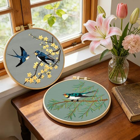 ERKOON Embroidery Kit for Beginners, 2 Set Floral Cross Stitch Set Include Embroidery Cloth Hoops Threads for Craft Lover Hand Stitch with Embroidery Skill Techniques (Hummingbird) ERKOON