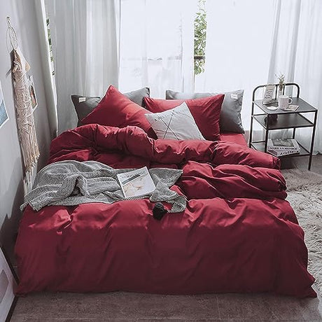 Pureant Burgundy Comforter Sets Full Size Wine Red Bedding Comforters Solid Dark Color Quilts Cotton Women Girls Luxurious Plain Claret Red Quilt Soft Crimson Bedding Noble Bordeaux Bed Pureant