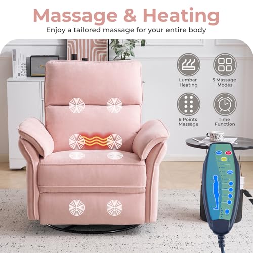 Rhevoy Oversized Power Recliner Chair Swivel Glider with Massage and Heat, Rocker Nursery Recliner for Adults with Adjustable Headrest, 26" Extra Wide Nursery Chair with Overstuffed Armrest,Pink