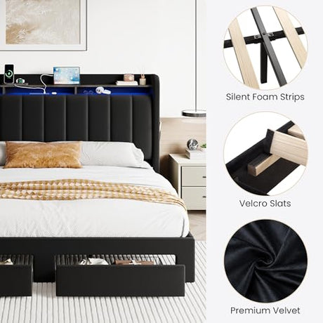 SHA CERLIN Velvet King Size Bed Frame with Vertical Channel Tufted Wingback Headboard & 2 Storage Drawers/2-Tier Shelves with LED Lights & Charging Station/Noise-Free/No Box Spring Needed/Black SHA CERLIN