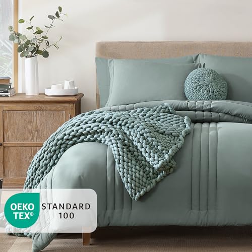 Monbix Queen Comforter Set - 7 Pieces Sage Green Bed in a Bag Queen Bedding Sets with Comforters, All Seasons Comforter Bed Set with Sheets,Pillowcases & Shams Monbix