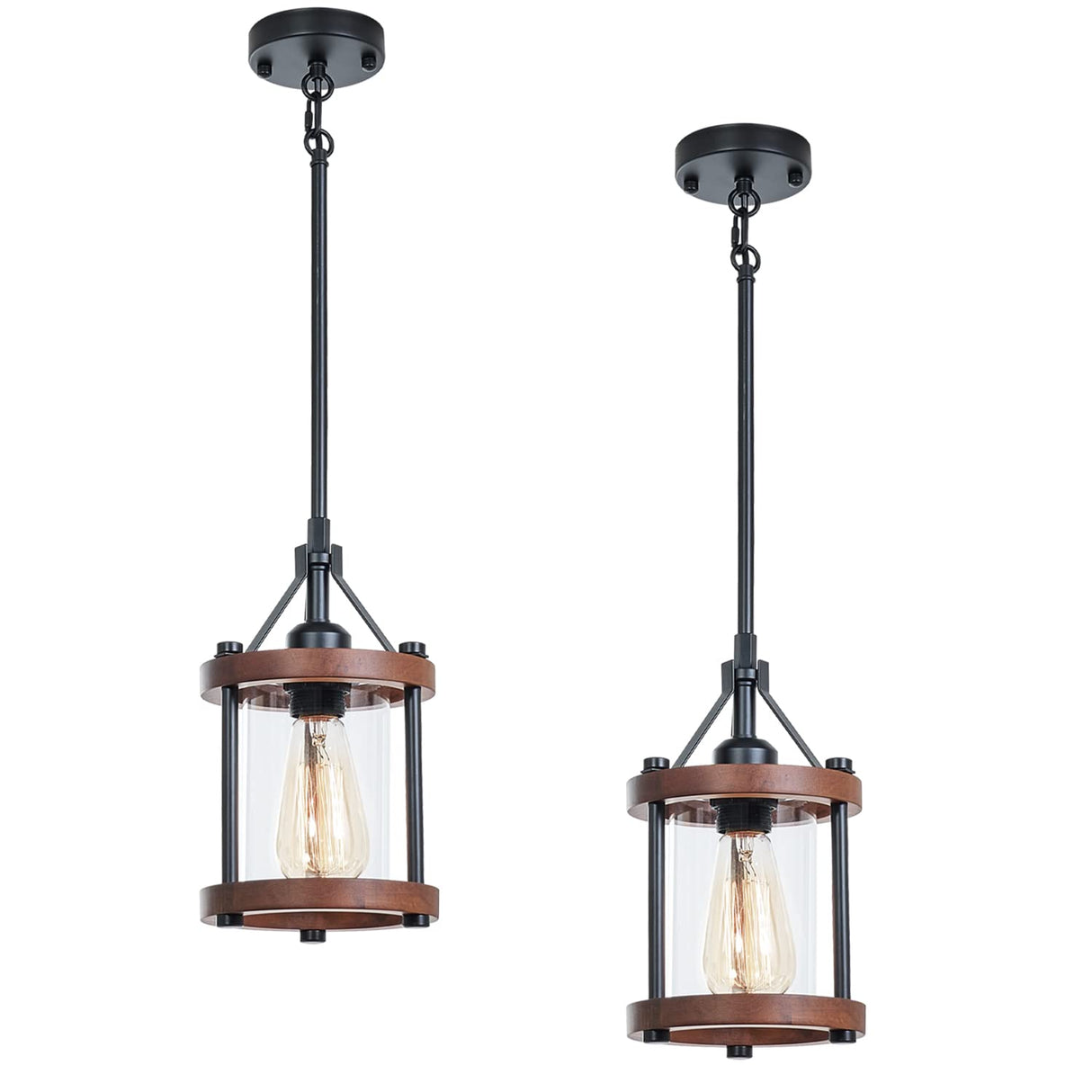 Ejerlya Farmhouse Pendant Light, Rustic Walnut Wood Metal Cage Hanging Light Fixtures with Glass, Adjustable for Flat and Slop Ceiling, Pendant Lighting for Kitchen Island Foyer Hallway,2-Pack Ejerlya