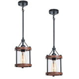 Ejerlya Farmhouse Pendant Light, Rustic Walnut Wood Metal Cage Hanging Light Fixtures with Glass, Adjustable for Flat and Slop Ceiling, Pendant Lighting for Kitchen Island Foyer Hallway,2-Pack Ejerlya
