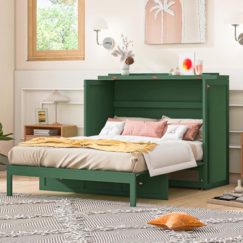 Harper & Bright Designs Full Murphy Bed Cabinet with Big Drawer, Solid Pine Chest Cube Cabinet Bed Flodable Platform Bed with Slats for Guest Bedroom, Office or Small Room Harper & Bright Designs