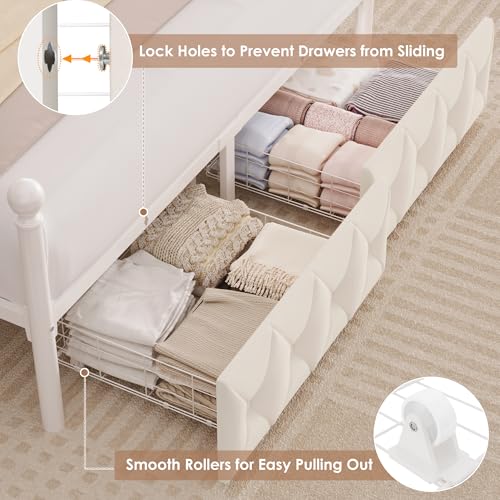 HIFIT Queen Size Upholstered LED Canopy Bed Frame with Storage and Charging Station, Button Tufted Storage Headboard with Bookshelf, Two-Use Metal Platform Bed with 4 Removable Post & 2 Drawers, Biege