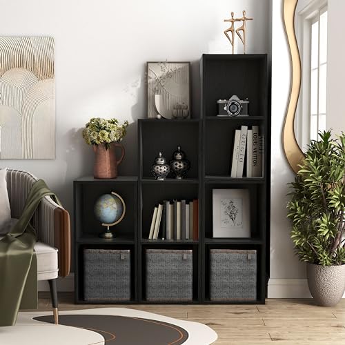 HOMES: INSIDE + OUT Apexa 3 Cube Storage Organizer Shelves, Stackable Wood Bookcase Fits Cubby Bins for Organization, Dorm Teen Room Decor & Home Office, Black HOMES: INSIDE + OUT