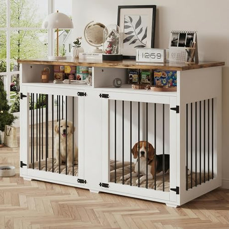 55'' Dog Crate Furniture for 2 Dogs, Wooden Dog Cage with Storage Compartment, Indoor Dog Kennel with 2 Doors for Large/Medium Dogs, White REVOMINCA