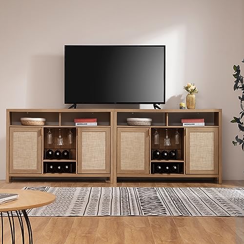 SICOTAS Coffee Bar Cabinet, 51" Rattan Sideboard Buffet Cabinet with Storage, Boho Farmhouse Liquor Cabinet with Wine Racks Credenza Console Table for Home Living Dining Room Entryway, Natural SICOTAS