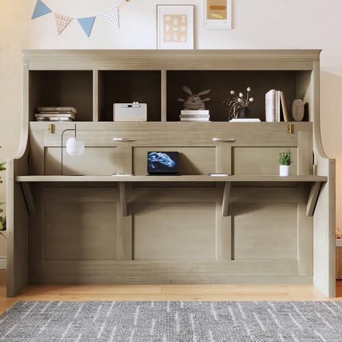 LUMISOL Murphy Bed Twin Size with Desk, Wood Wall Bed Frame with Storage Shelves, Space-Saving Farmhouse Cabinet Bed Frame for Small Bedroom, Home Office, Apartment, Grey Wash LUMISOL