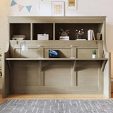 Fiorune Twin Size Horizontal Murphy Bed with Desk and Storage Shelves, Space-Saving Foldable Cabinet Bed, Solid Wood Hidden Wall Bed Frame for Small Spaces, Living Room, Gray Fiorune
