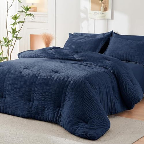 HYMOKEGE Navy Blue Queen Comforter Set Seersucker 7 Pieces, All Season Luxury Bed in a Bag for Bedroom, Bedding Set with Comforters, Sheets, Pillowcases & Shams HYMOKEGE