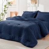 HYMOKEGE Navy Blue Full Size Comforter Sets Seersucker 7 Pieces, All Season Luxury Bed in a Bag for Bedroom, Bedding Set with Comforters, Sheets, Pillowcases & Shams HYMOKEGE