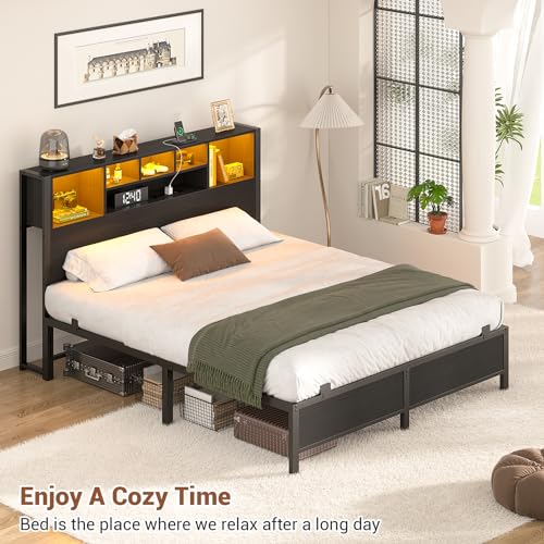 Homieasy Full Size Bed Frame with Bookcase Headboard, LED Lighting & Charging Station - Heavy Duty Metal Platform, No Box Spring Required Homieasy