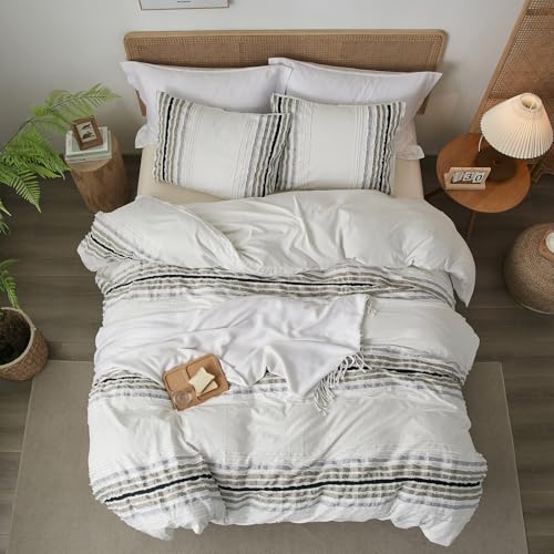 Ranunculus Tufted Stripes Ombre Queen Duvet Cover Set, Soft Brushed Microfiber Striped Duvet Cover Queen Size with Button Closure & 2 Pillow Shams, Comforter Not Included (White Ombre, 90"x90") Ranunculus