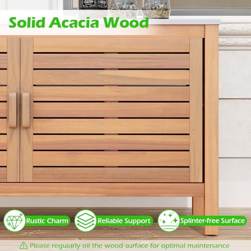 Goplus Patio Storage Cabinet, 2-Door Acacia Wood Console Table with Faux Marble Top, Outdoor Wooden Sideboard for Deck, Garden, Backyard & Entryway Goplus