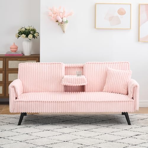 72" Modern Corduroy Sofa Bed Futon,Convertible Sleeper Couch Bed with Cup Holder,4 Reclining Positions,Folding Sofa Cloud Loveseat for Small Living Room Apartment Office (Pink-New) Majnesvon