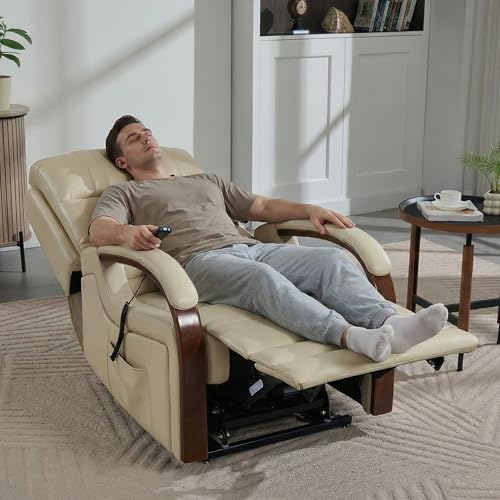 EZZUP Power Lift Recliner Chair for Elderly, Dual Motor Lift Chair with Vibration Massage and Lumbar Heat, Lay Flat Recliner with Solid Wood Armrest, Standing Assistance Reclining, Faux Leather Beige