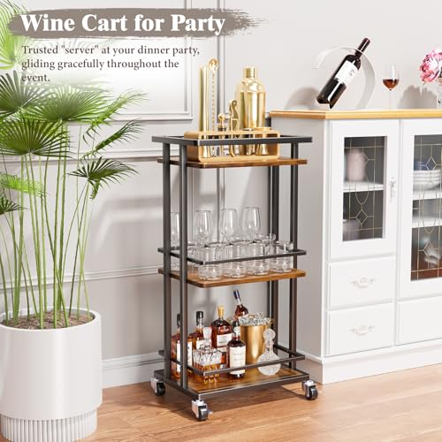 OKZEST 3 Tier Bar Cart for Home, Rolling Mini Liquor Bar for Wine Beverage Dinner Party, Utility Kitchen Storage Island Serving Cart on Wheels, Coffee Bar Cabinet for Kitchen Dining Living Ro - WoodArtSupply