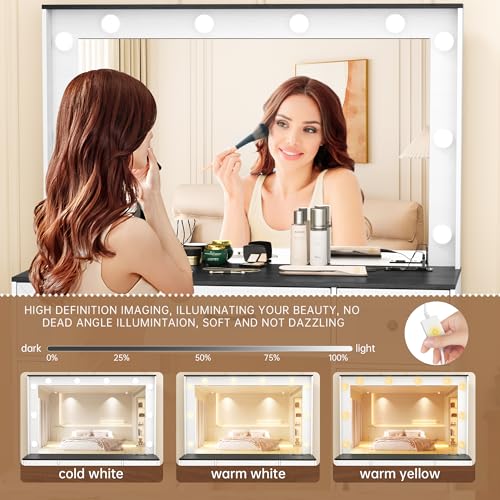 INTERGREAT 57" Makeup Vanity Desk with Large Mirror and 10 LED Lights,Dressing Table with Power Outlet & 5 Drawers,3 Lighting Color Adjustable,Vanity Desk for Girls,White INTERGREAT