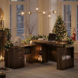 Perledesign 63 Inches L Shaped Electric Standing Desk, Executive Height Adjustable Desk with Drawers and File Cabinet, AC/USB, 1.18" Desktop and Privacy Panel for Home Office, Black Walnut Perledesign