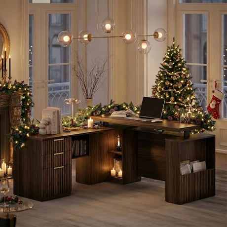 Perledesign 63 Inches L Shaped Electric Standing Desk, Executive Height Adjustable Desk with Drawers and File Cabinet, AC/USB, 1.18" Desktop and Privacy Panel for Home Office, Black Walnut Perledesign