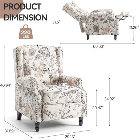 Pushback Recliner Chair, Floral Fabric Wingback Recliner Chair, Upholstered Rivet Trim Armchair Push Back Recliner Accent Chair for Small Spaces, Living Room, Plants Beige Blissabod