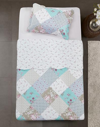 Brilliant Sunshine Blue and Green Rose Patchwork, 2-Piece Quilt Set with 1 Sham, Reversible Bedspread, Soft Lightweight Coverlet, All-Season, Twin, Blue Green Brilliant Sunshine