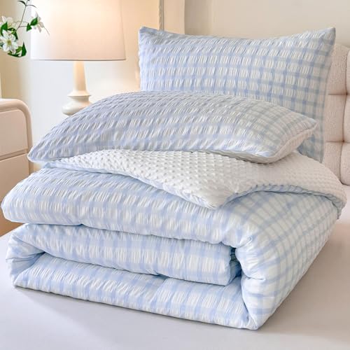 tohrisa Boho Comforter Set Full Size - 3 Pieces Lightweight Jacquard Seersucker Bedding Sets (1 Soft Fluffy Grid Comforter & & 2 Pillowcases) - All Seasons Cozy Modern Bed Set(80"x90" Light Blue) tohrisa