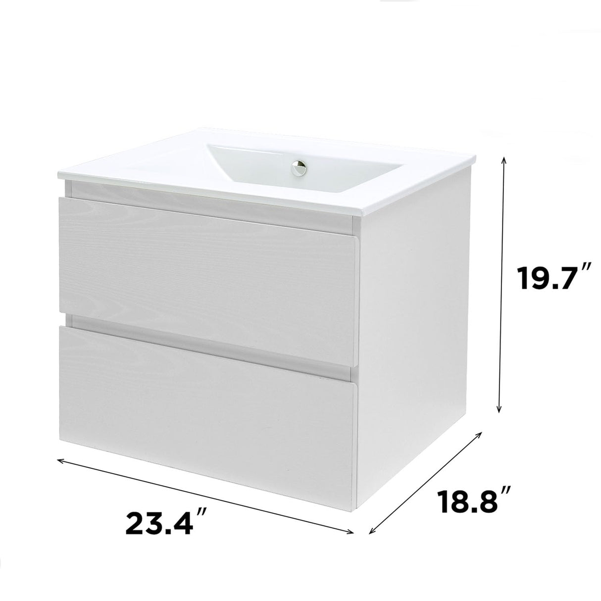KSWIN 24" White Wall Mounted Bathroom Vanity with Sink Floating Vanity Two Drawers Bathroom Cabinet with White Ceramic Integrated Sink KSWIN