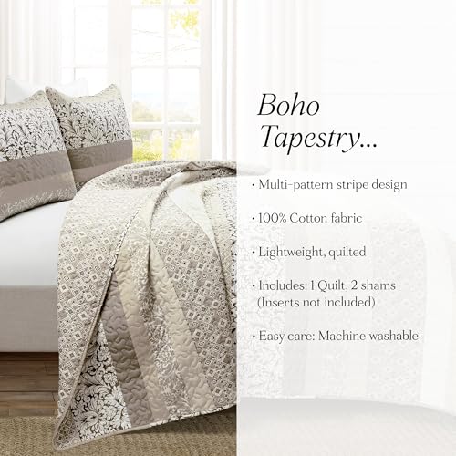 Lush Decor Boho Stripe Reversible Cotton Quilt 3-Piece Set, King, Neutral - Bold Colorful Bohemian Bedding Set Lush Decor