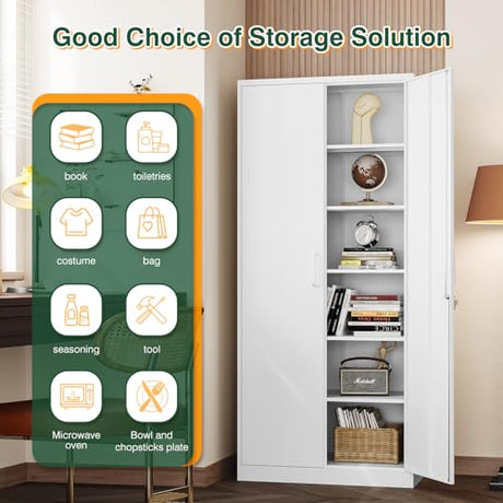 Letaya Metal White Storage Cabinet with Lock-71 Tall Metal Pantry Cabinets,5 Adjustable Shelves and Door for Home,Office,Kitchen,Warehouse,Utility Room(White) Letaya
